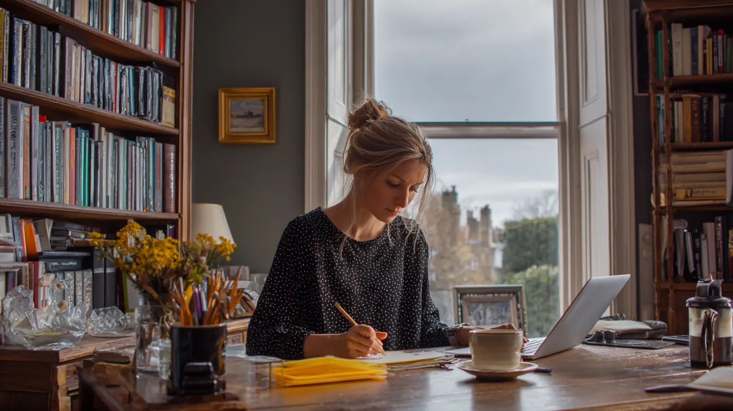 Woman writing at desk in library with city view, laptop, coffee cup, and bookshelves.