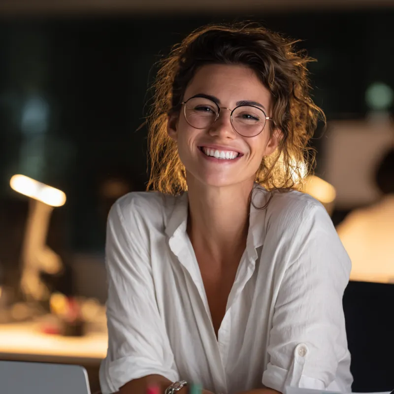 Woman with curly brown hair wearing glasses and white shirt, smiling at camera in office setting with warm lighting.