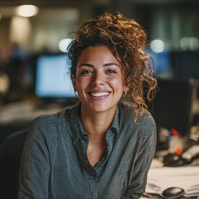 Woman with curly auburn hair smiling at camera in modern office workspace with computer monitors visible in background.