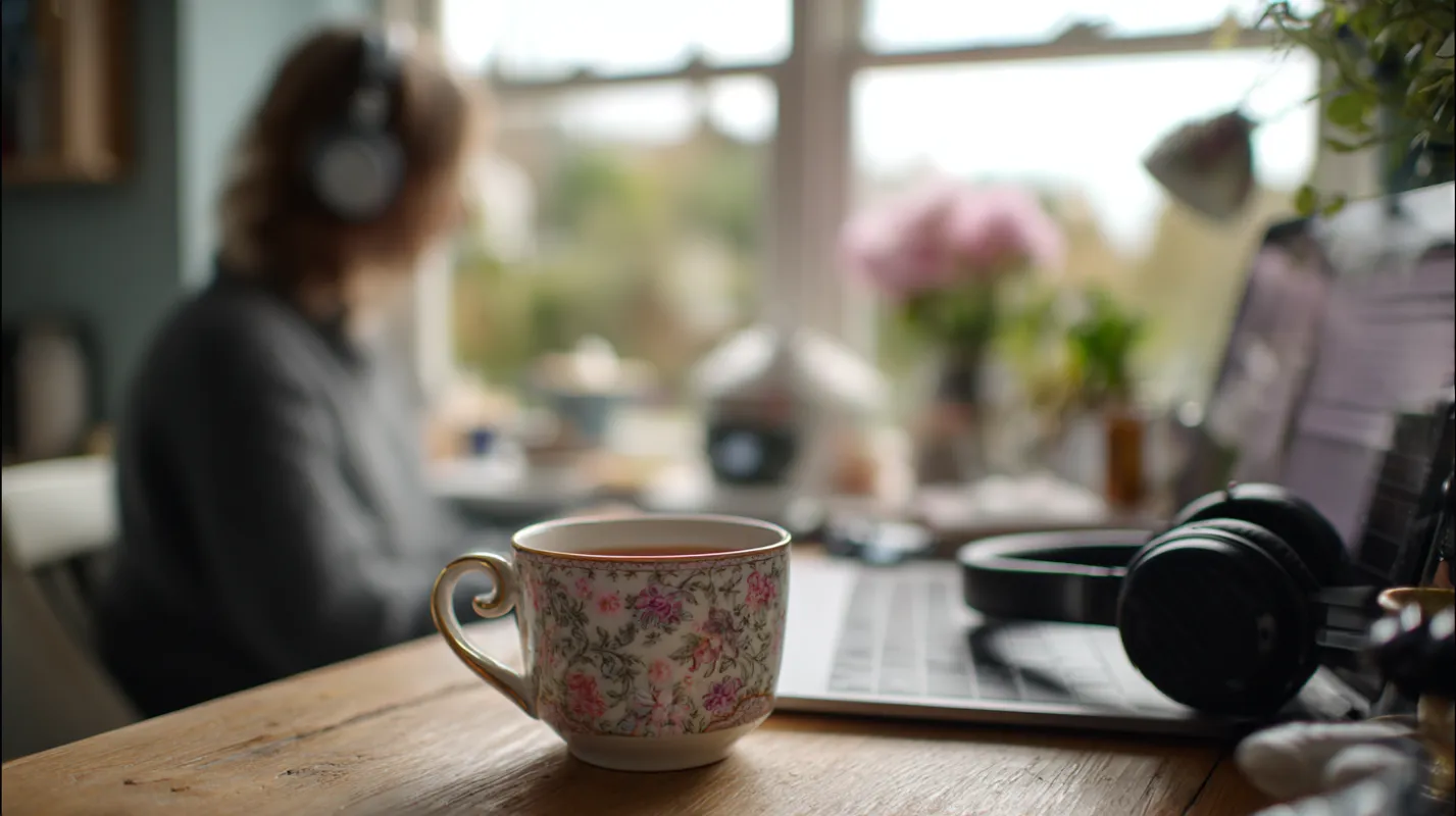 Floral teacup on wooden desk with headphones, notebook, and blurred person at table by window.