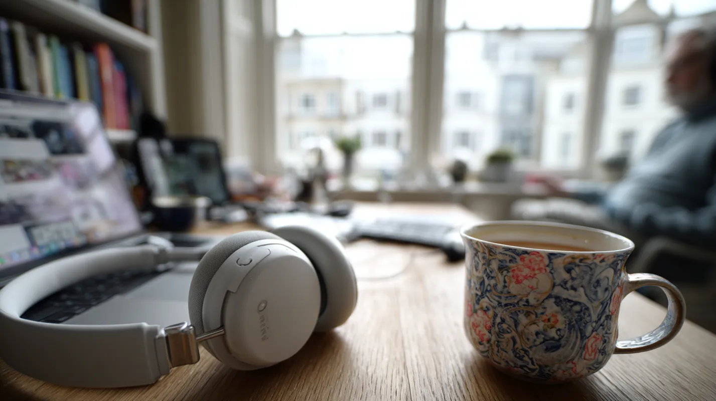 White headphones and decorative mug on wooden desk in bright office with windows overlooking city buildings.
