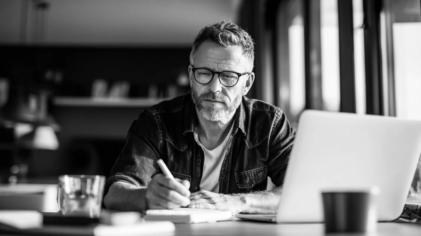 Bearded man wearing glasses and denim shirt writing notes while working at laptop in modern office setting.