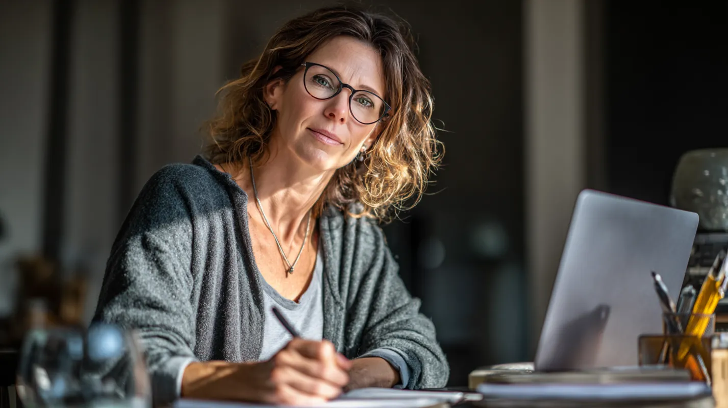 Woman wearing glasses and cardigan working at desk with tablet and pencil, in home office setting.