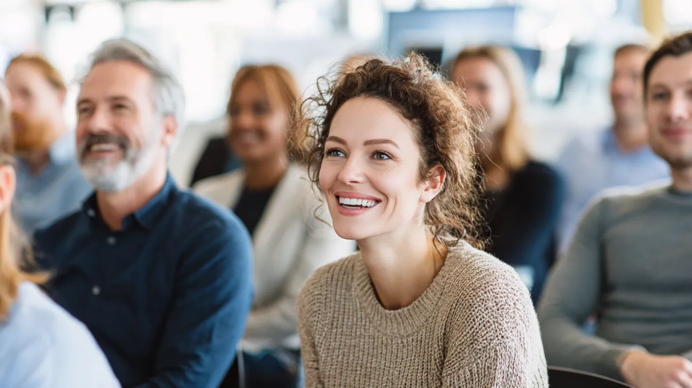 Smiling woman with curly brown hair in beige sweater seated among diverse group of people in bright indoor setting.