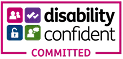 Disability Confident Committed logo featuring colorful blocks and text on white background.