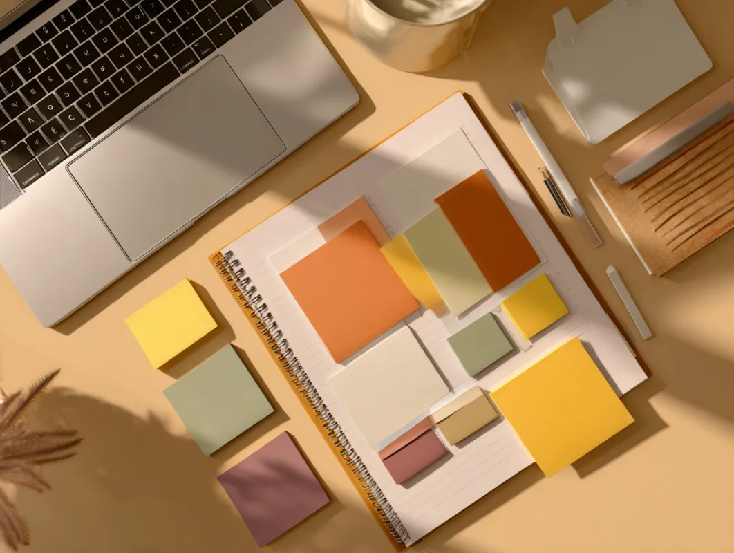 Workspace with laptop, color palette notebook, pens, and decorative items on a beige desk in natural light.