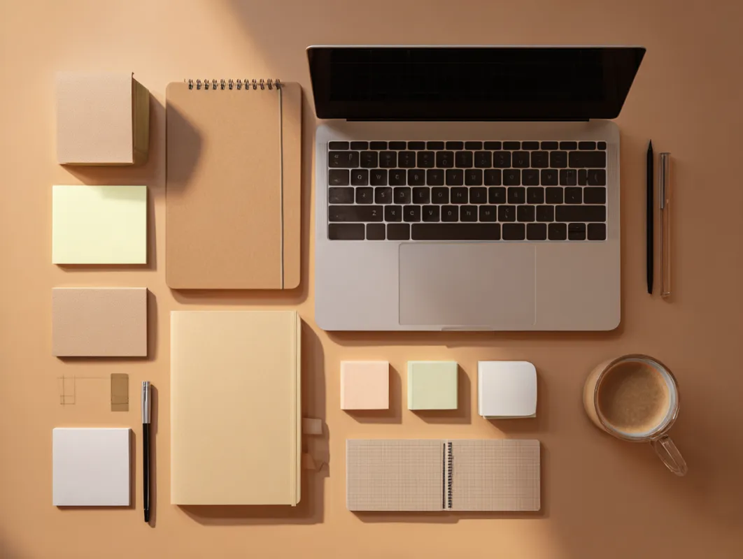 Flat lay workspace with laptop, notebooks, sticky notes, pens, and coffee cup on beige background.