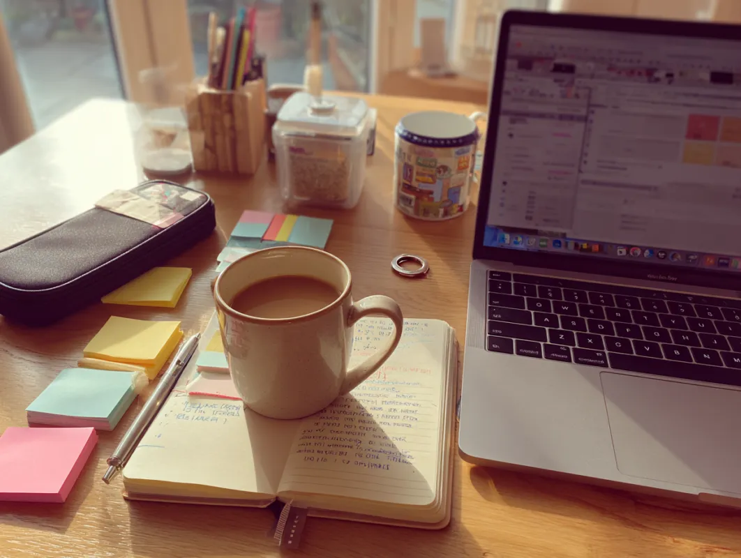 Organized desk workspace with coffee mug on open notebook, laptop, colorful sticky notes, pen holder, and office supplies in natural sunlight.