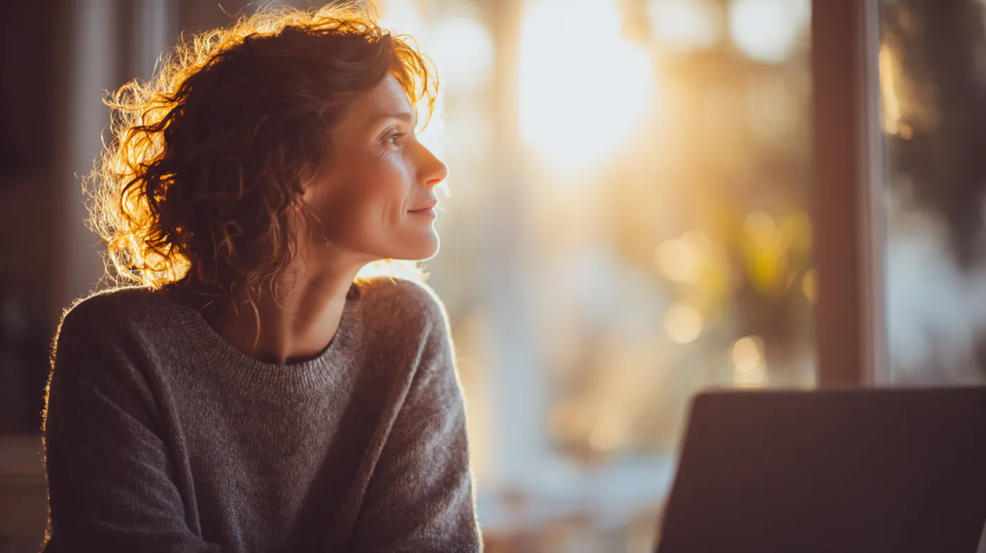 Woman with curly reddish hair gazing thoughtfully out a window during golden hour sunlight.