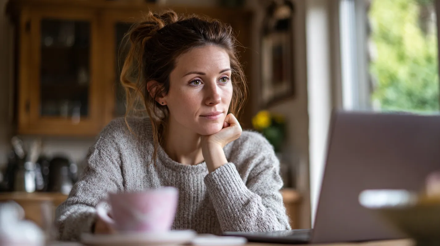 Woman in gray sweater sitting at laptop, resting chin on hand, looking thoughtfully away in home kitchen setting.