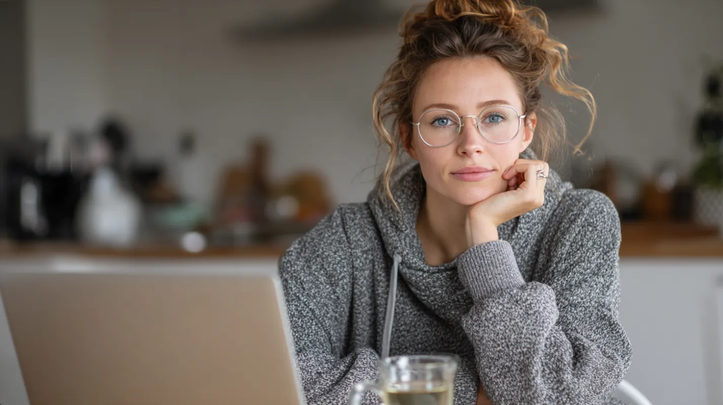 Woman wearing glasses and gray sweater sitting at laptop in kitchen, resting chin on hand, looking thoughtful.