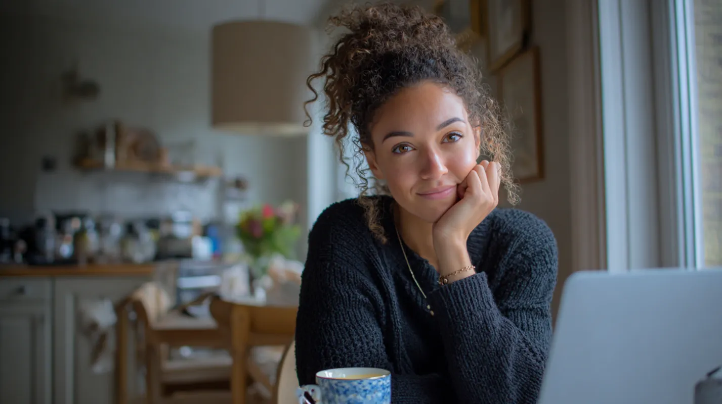 Woman with curly hair in black sweater sitting at laptop with coffee mug in bright kitchen, resting chin on hand.