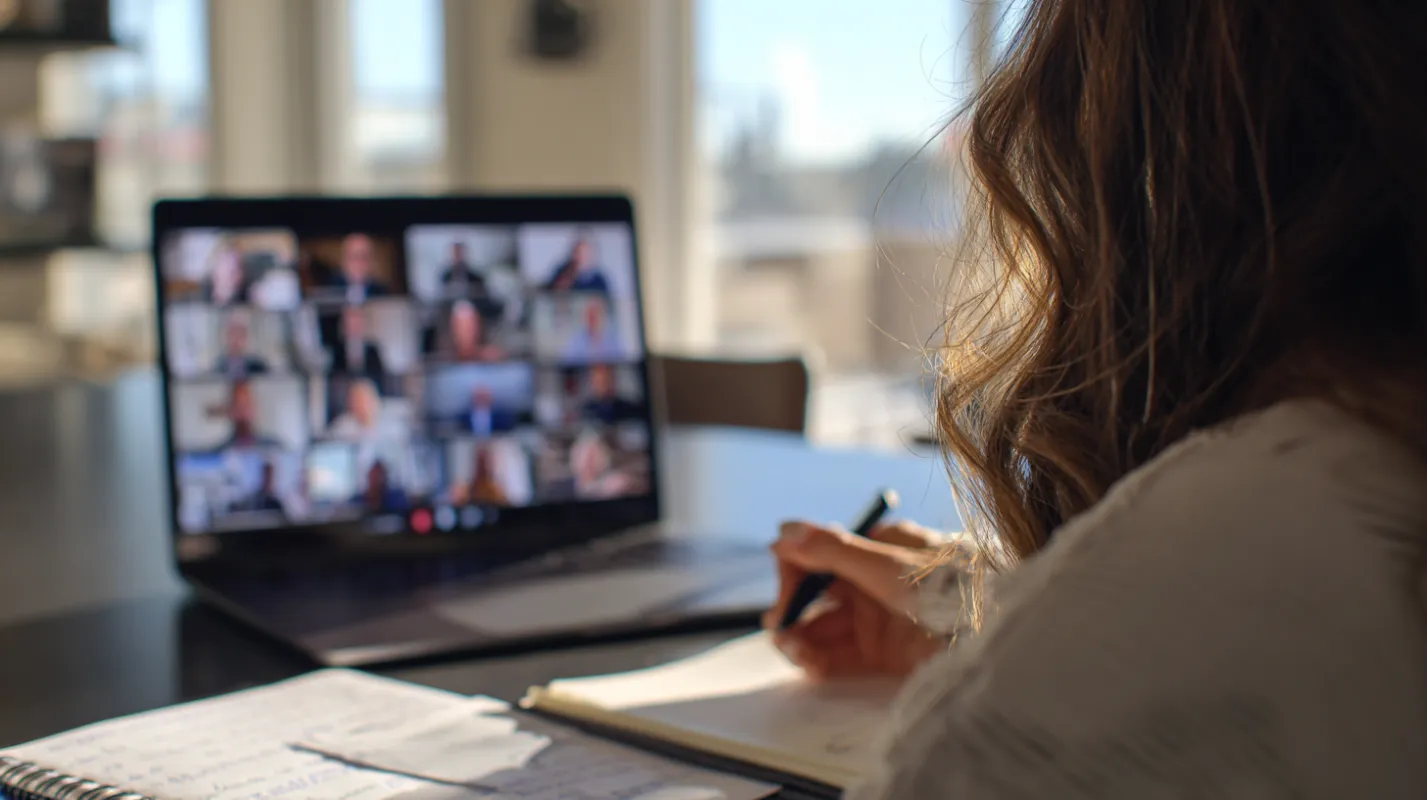 Woman participating in a video conference call on laptop while taking notes at a desk with cityscape visible through windows behind her.