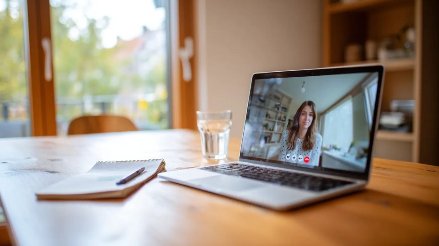 Woman on video call displayed on laptop screen at wooden desk with notebook, pen, and water glass indoors.