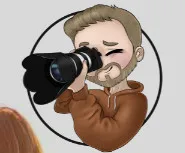Man in brown shirt looking through binoculars inside a circular frame.